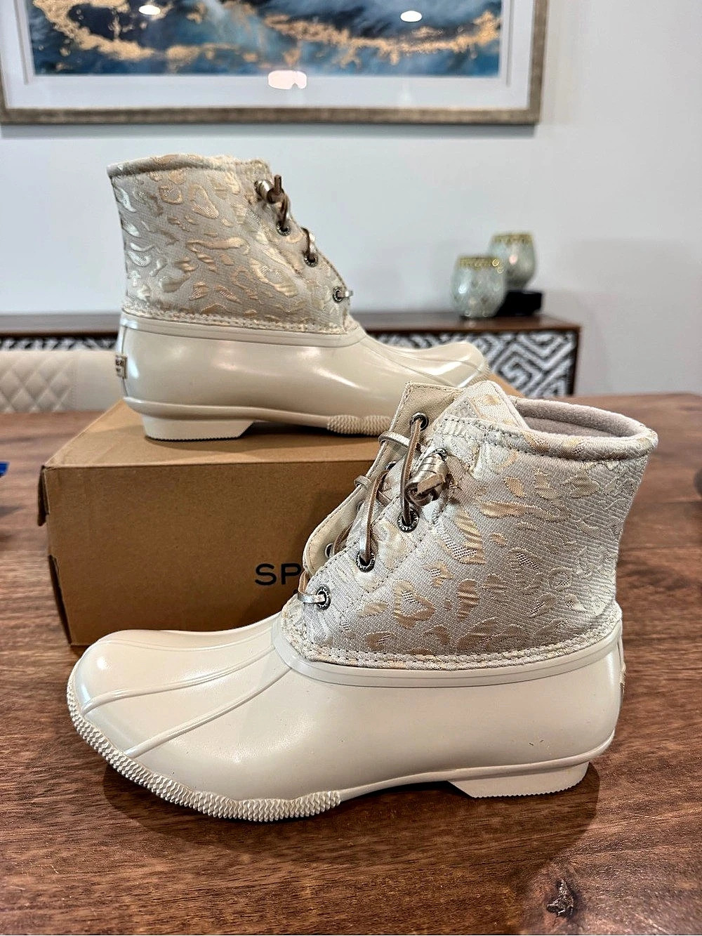 Sperry Saltwater Leojac Duck Boot-Size 8W/6.5M BNIB-Beige/Leo print